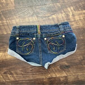 Coogi y2K rainbow embroidered low rise micro mini booty hot shorts 5/6 27”